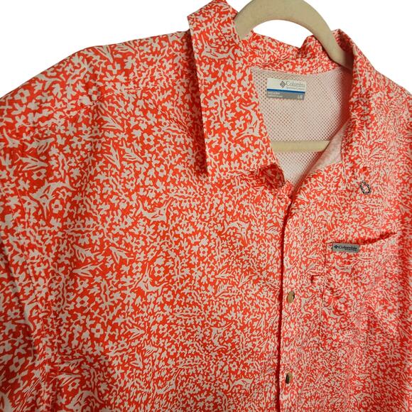 Columbia PFG Short Sleeve Vented Fishing Shirt Orange White Men L Button Front - Picture 5 of 10